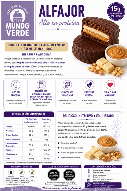 Alfajor con 15g de proteína sabor crema de maní y chocolate blanco