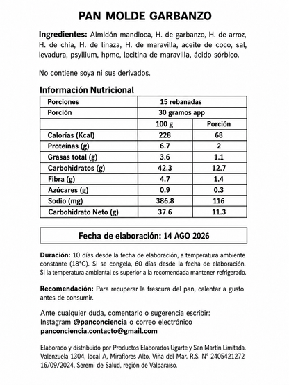 PAN MOLDE GARBANZO 500GR PAN CON CIENCIA ( SIN GLUTEN-VEGANO-SIN AZUCAR)