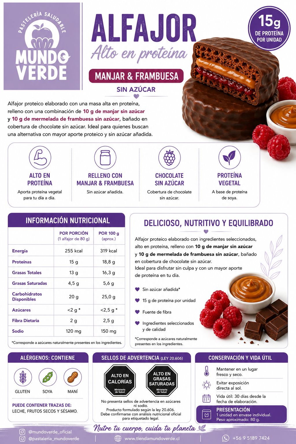 Alfajor con 15g de proteína sabor manjar frambuesa