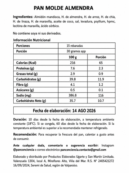 PAN MOLDE ALMENDRA 500GR PAN CON CIENCIA ( SIN GLUTEN-VEGANO-SIN AZUCAR)