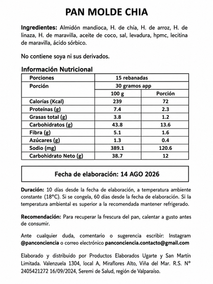 PAN MOLDE CHIA 500GR PAN CON CIENCIA ( SIN GLUTEN-VEGANO-SIN AZUCAR)