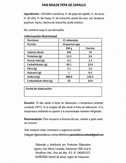 PAN MOLDE PEPA ZAPALLO 500GR PAN CON CIENCIA ( SIN GLUTEN-VEGANO-SIN AZUCAR