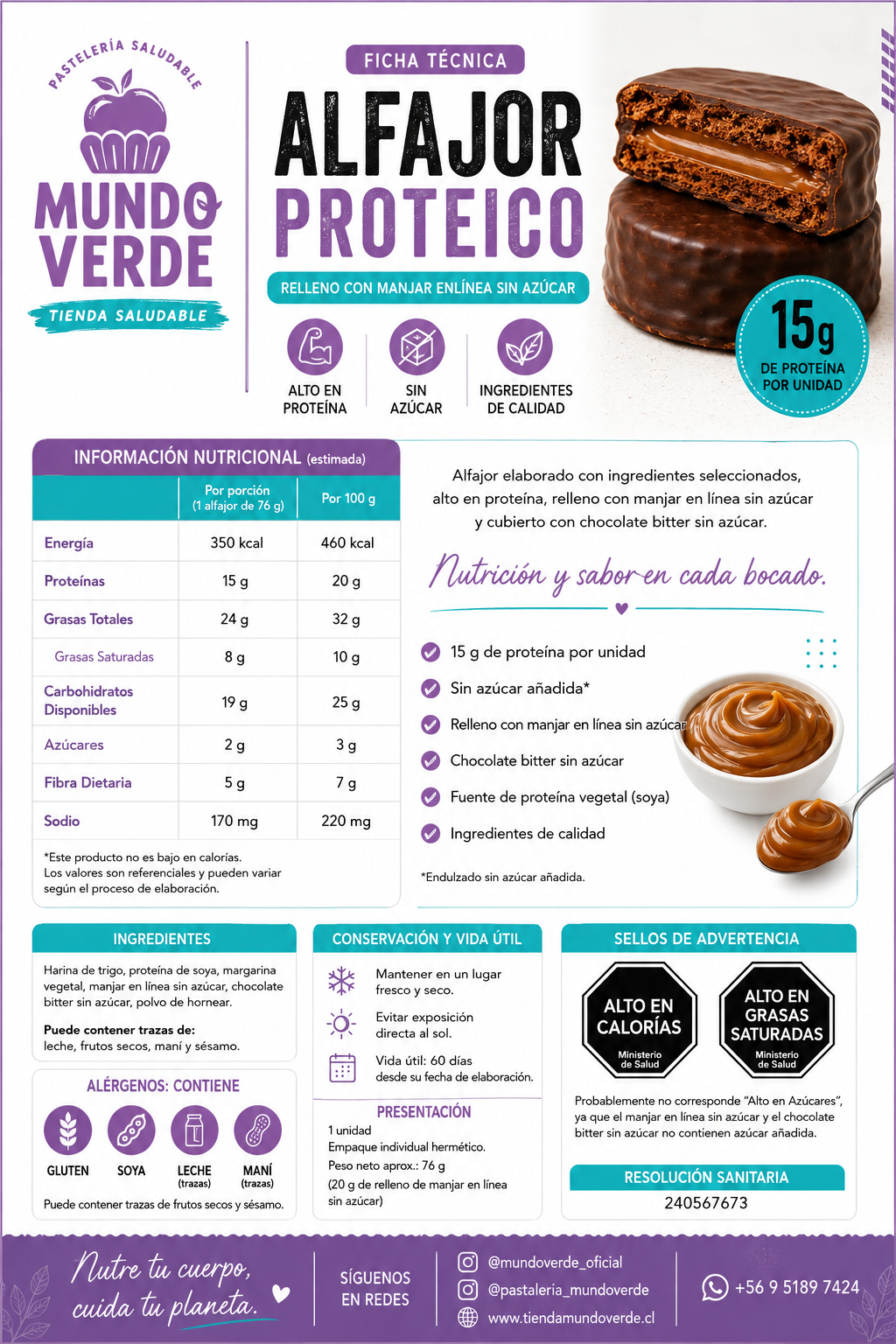 Alfajor doble con 15g de proteína sabor manjar